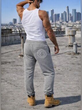 Versace Medusa Logo Joggers Gray Slim Fit Luxury Sweatpants Size M